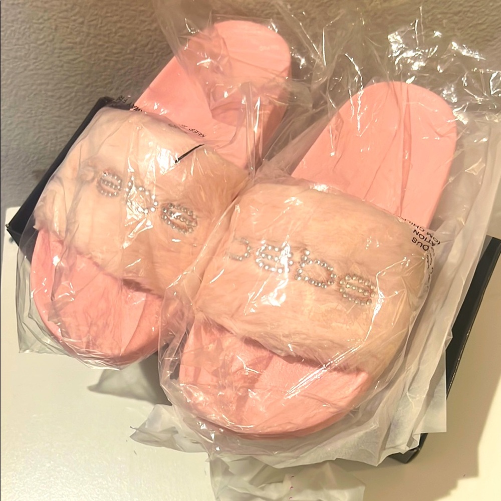 Bebe baby pink Blush Fur Slides with Rhinestone Logo